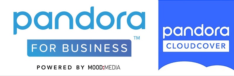 Logos for Pandora's business services, including "Pandora for Business powered by Mood Media" on the left and "Pandora CloudCover" on the right. The logos feature the recognizable Pandora branding in blue and white with simple, modern typography.