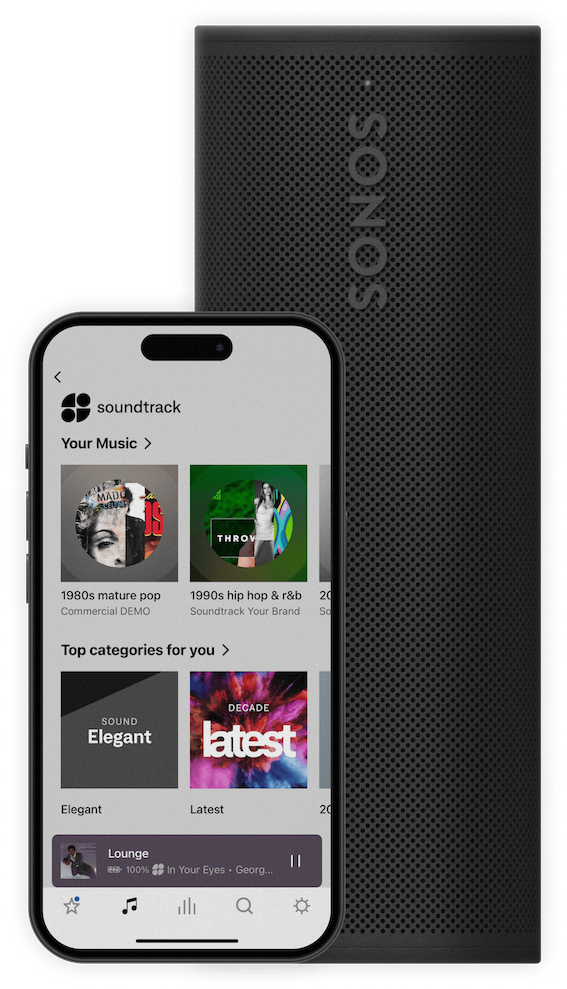 Image showing iPhone screen with the Soundtrack app next to a Sonos speaker